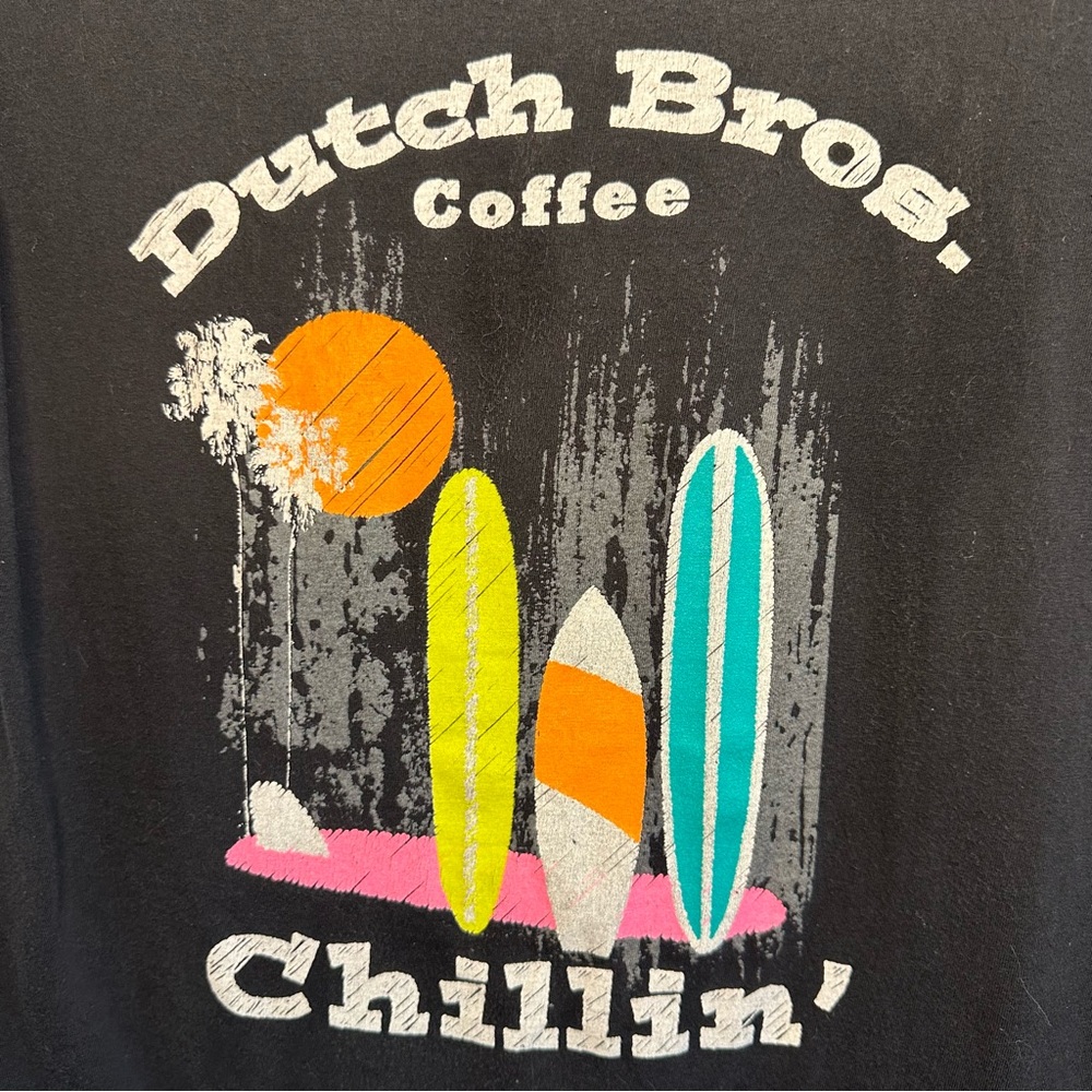 Dutch Bros WOMEN’S Black ‘CHILLIN’ Surfboard SMALL Cutout Neck VINTAGE Cute! ‘92